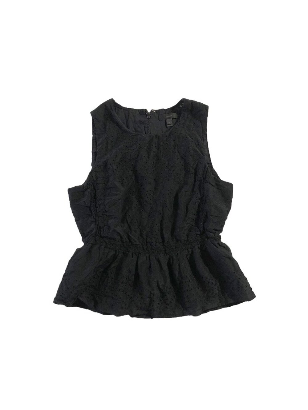 J. Crew Top Womens Size 10 Black Round Neck Sleeveless Eyelet Ruffle-Hem Peplum